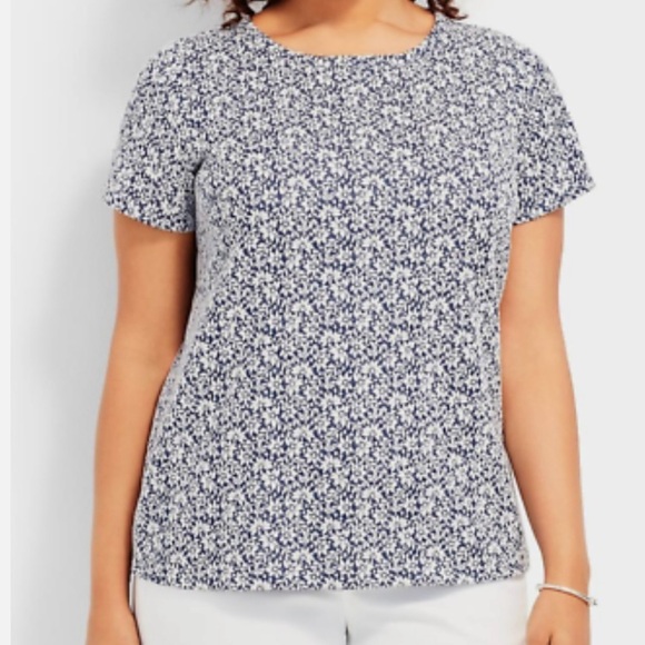 Talbots Tops - Talbots Textured Knit Blue and White Floral Short Sleeve Top w/Keyhole Back, 2X